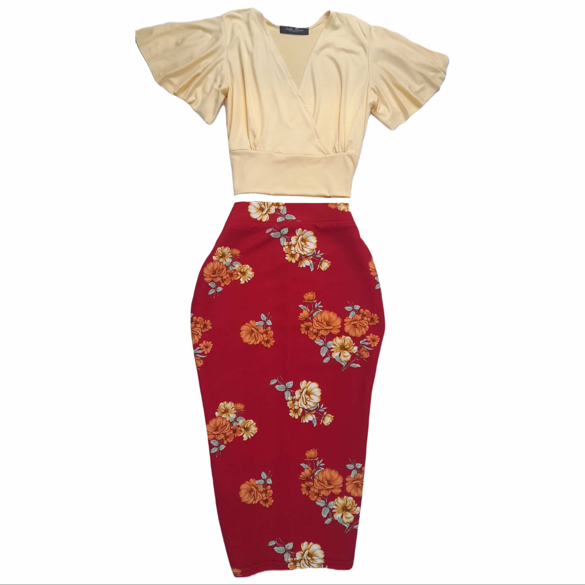 Wrap V Neck Blouse Flare Sleeves And Floral Pencil Skirt